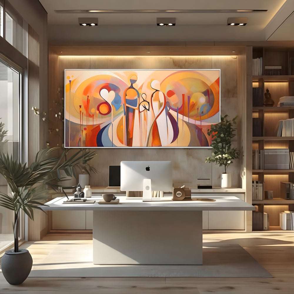 Tablou canvas cu tablou canvas cu familie abstracta, in rama de aluminiu argintiu, pe perete intr-un birou
